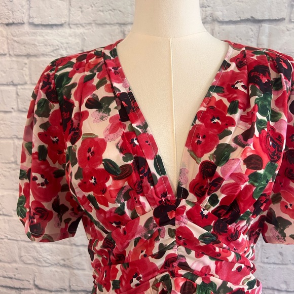Romantic Floral Midi Dress Red & Pink Roses Empire Waist Low Cut Deep V-Neck - Picture 12 of 13